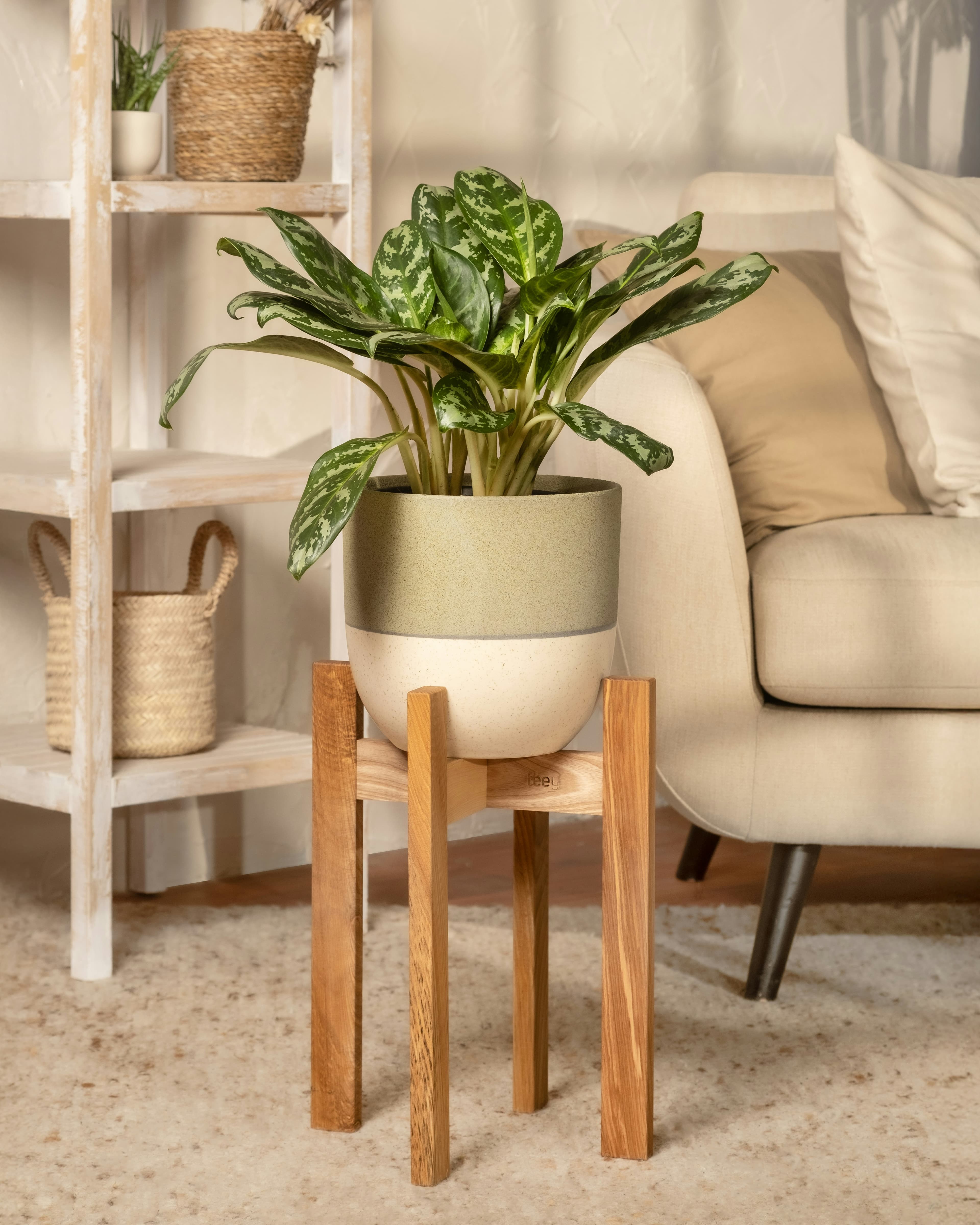 Artificial plant styled in a ceramic pot on a wooden stand