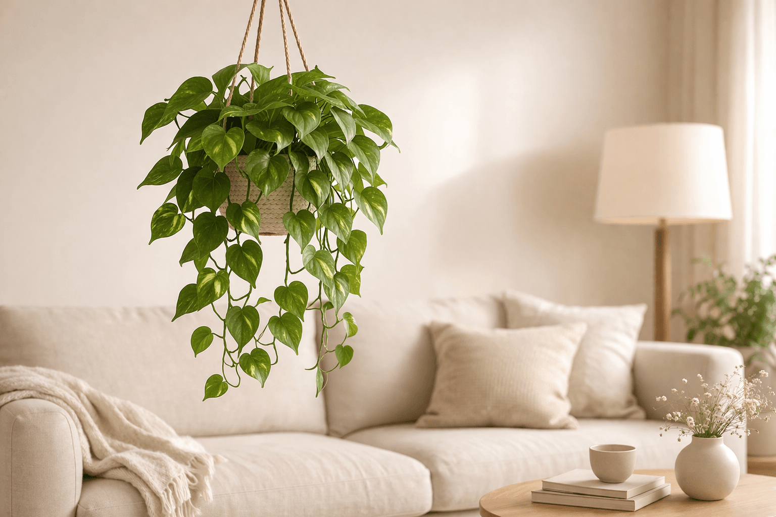 Premium artificial hanging plant in a calm modern living room